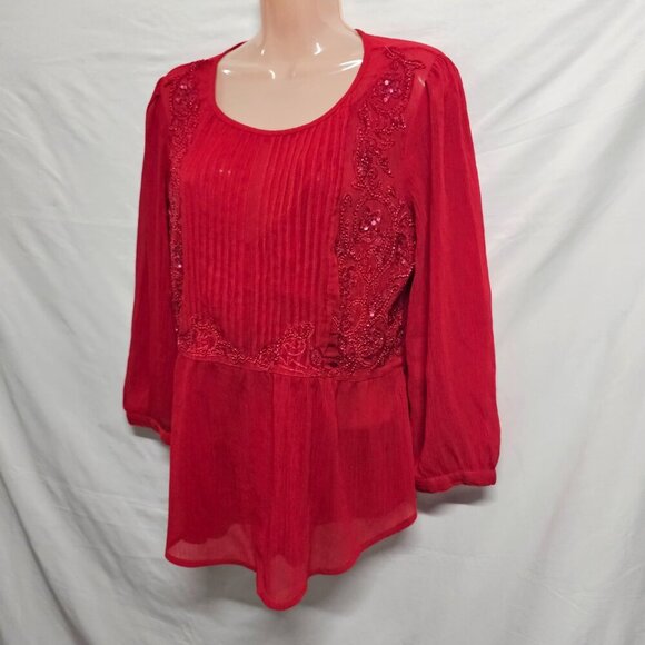 Maeve Anthropologie Embellished Top Blouse Women Size 12 Red Lined Chiffon - Picture 6 of 13